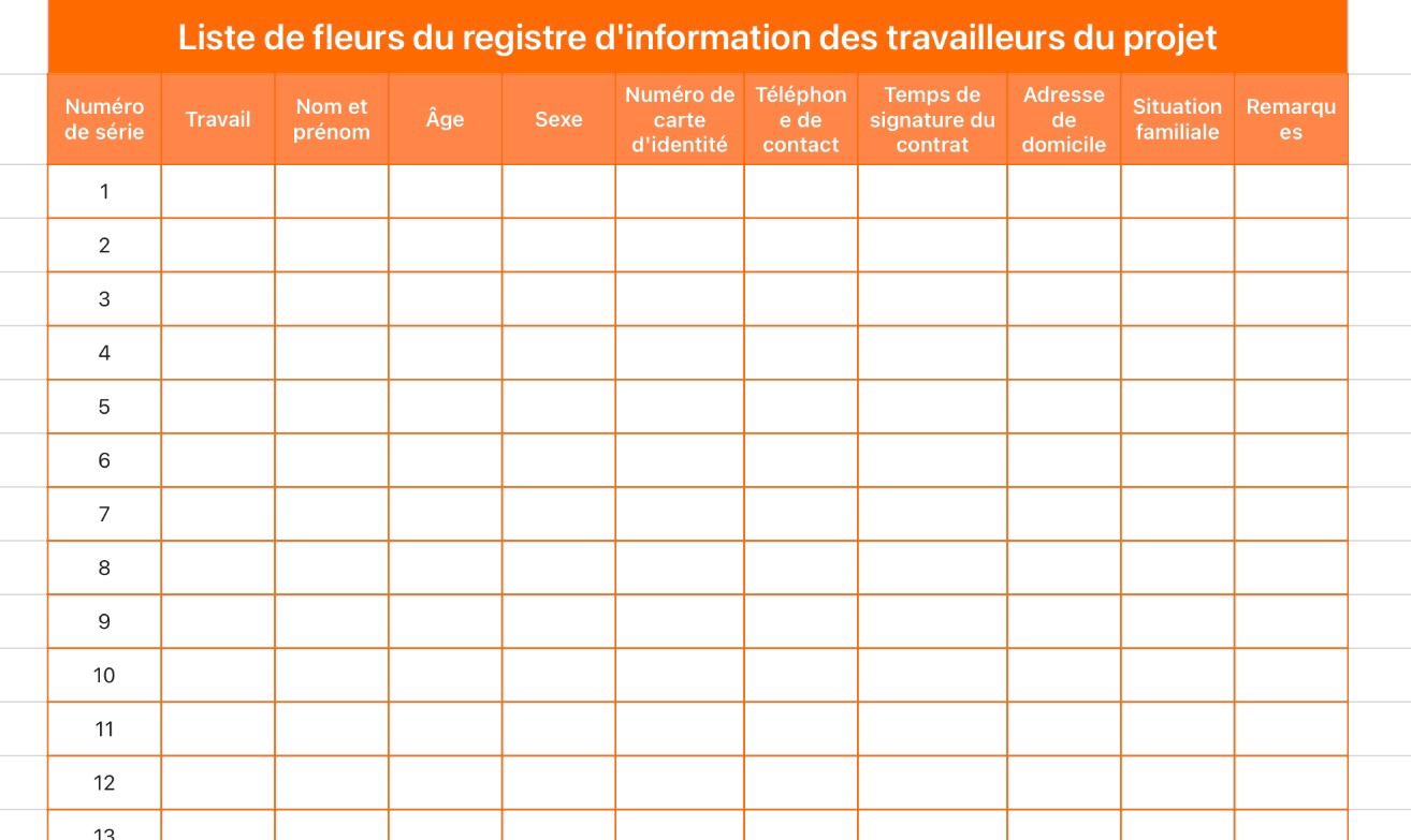 Liste de fleurs du registre d'information des travailleurs du projet